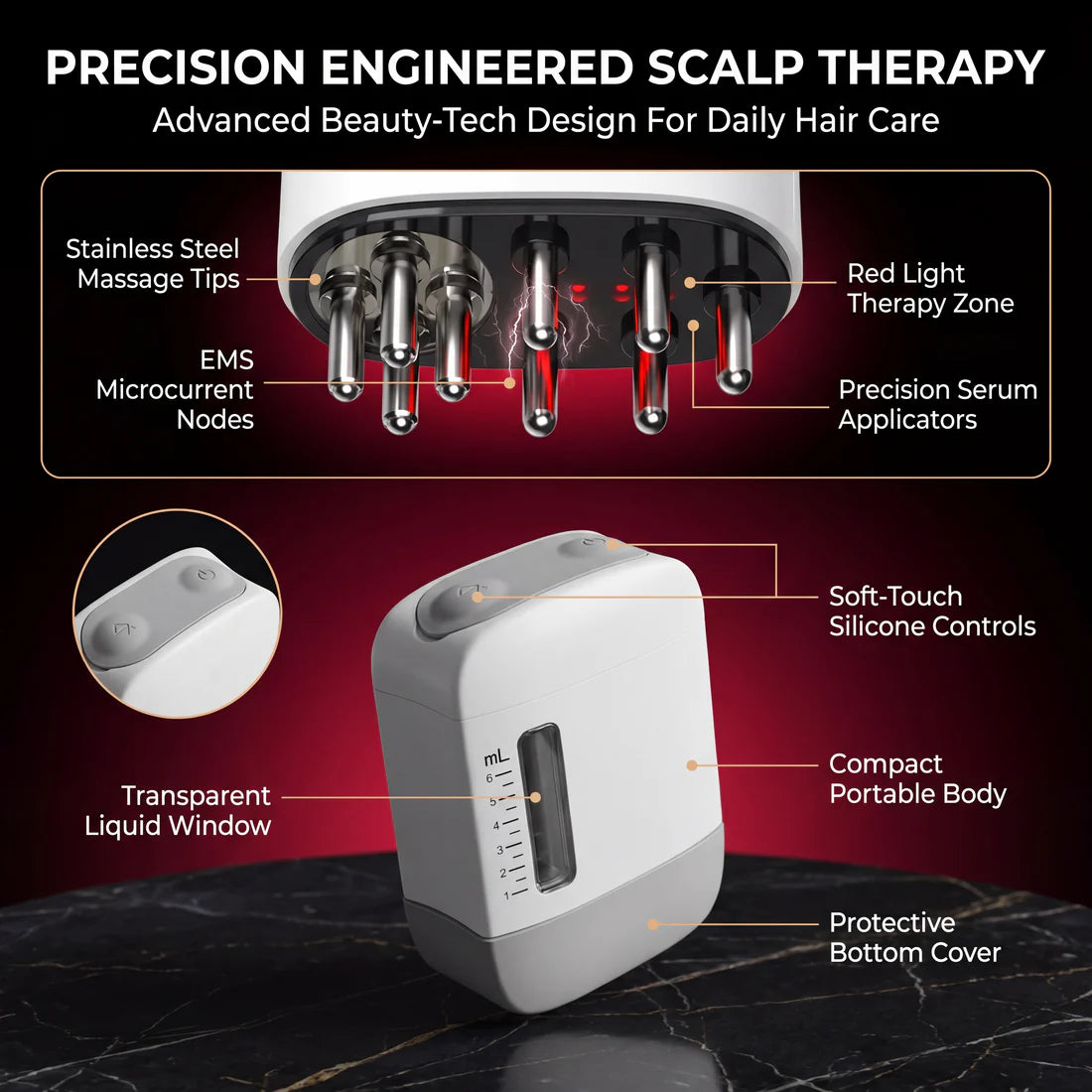 VeloraRoot Scalp Revival Massager - Red Light Vibration Scalp Massage Comb for Healthier-Looking, Fuller-Looking Hair